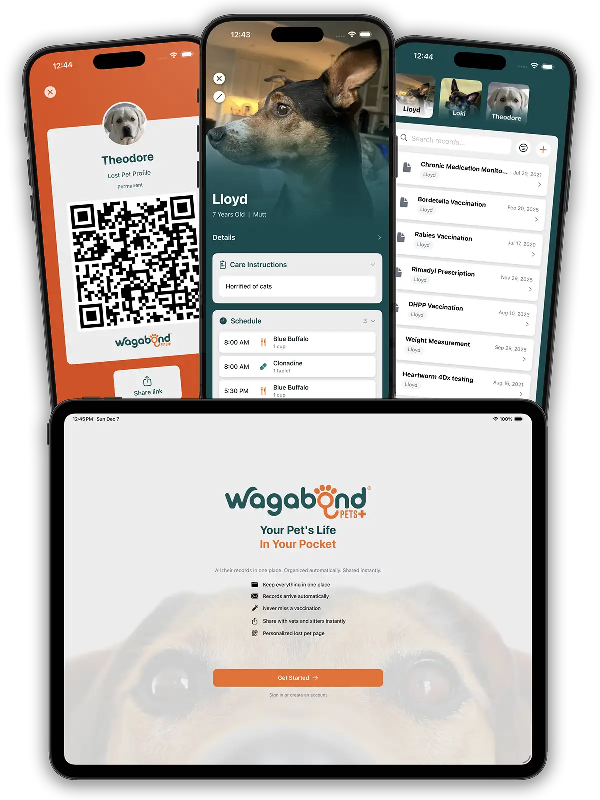 Wagabond Pets app displayed on multiple devices